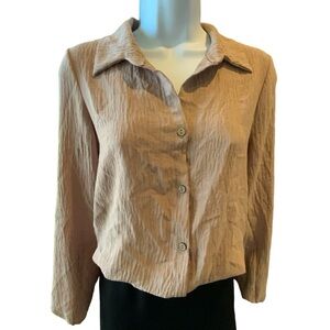 Wild Rose Top Beige Textured Button Down Elasticized Hem and Sleeves Size Small